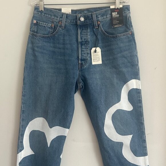 Crop Denim Paint by Number Flower Wavy Lined Straight Blue Jeans NWT - Picture 1 of 16